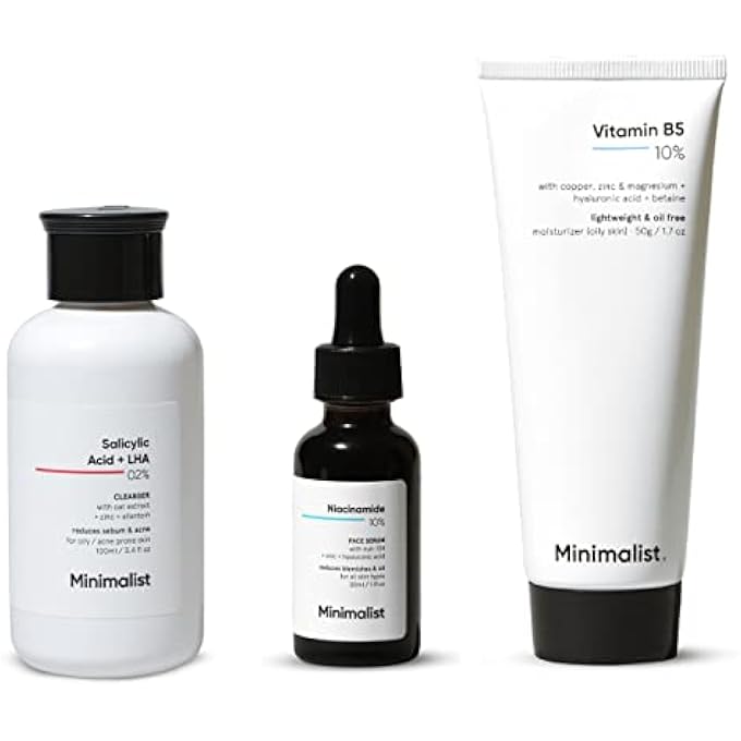 MINIMALIST OILY SKINCARE KIT ROUTINE KIT FOR WOMEN MEN FACE WASH SERUM MOISTURIZER, 3 PIECE SET, WHITE - Image 1